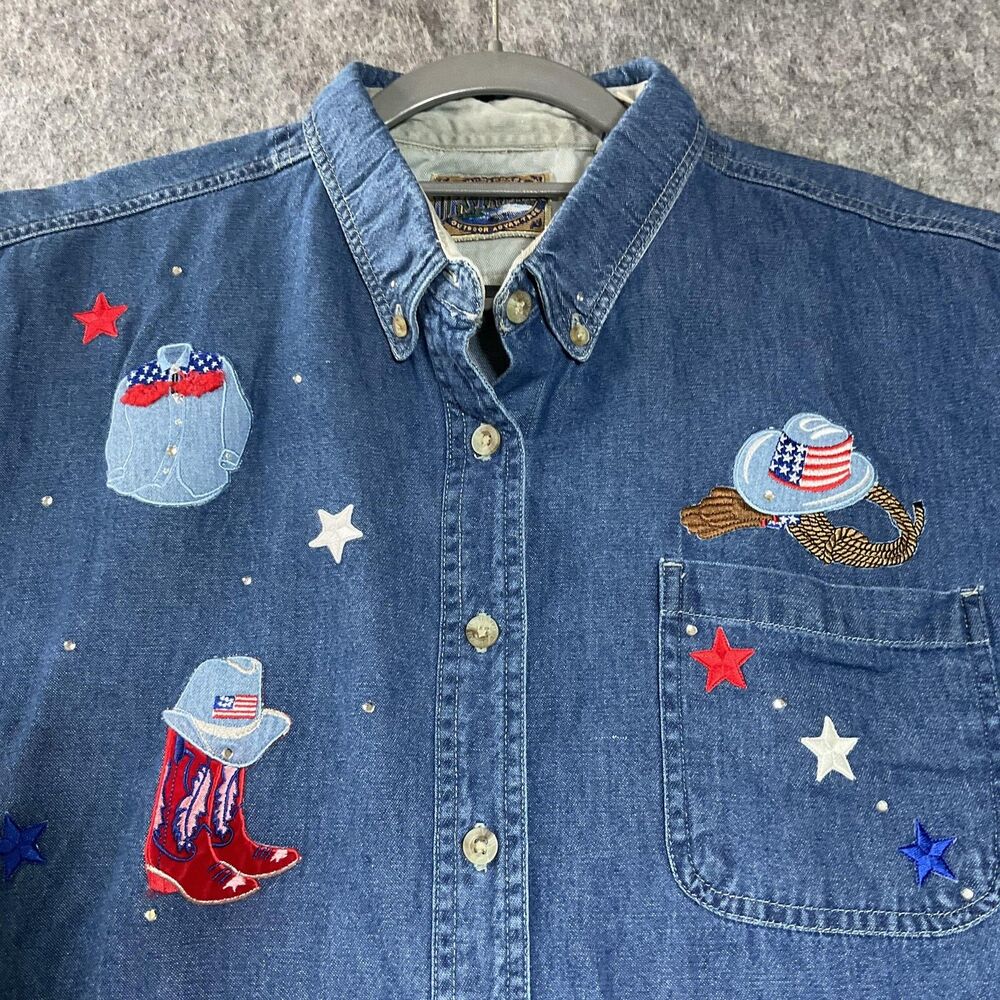 Upstream Denim Shirt Womens XL Blue Embroidered Rhinestone Cowgirl USA Patriotic
